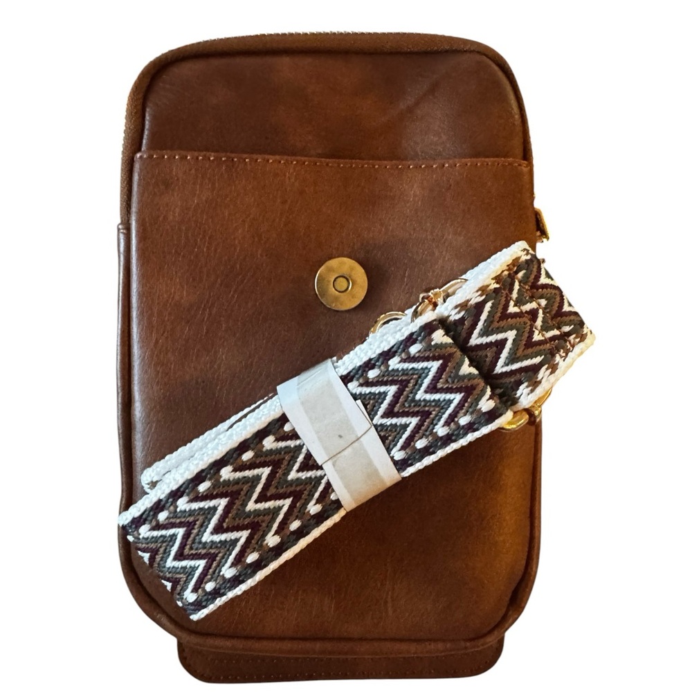 Brown Crossbody Bag with Patterned Strap